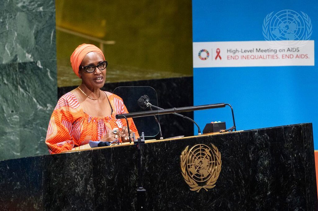 联合国艾滋病规划署执行主任温妮·拜恩伊玛在联大关于艾滋病的高级别会议上发表讲话。(资料图片）